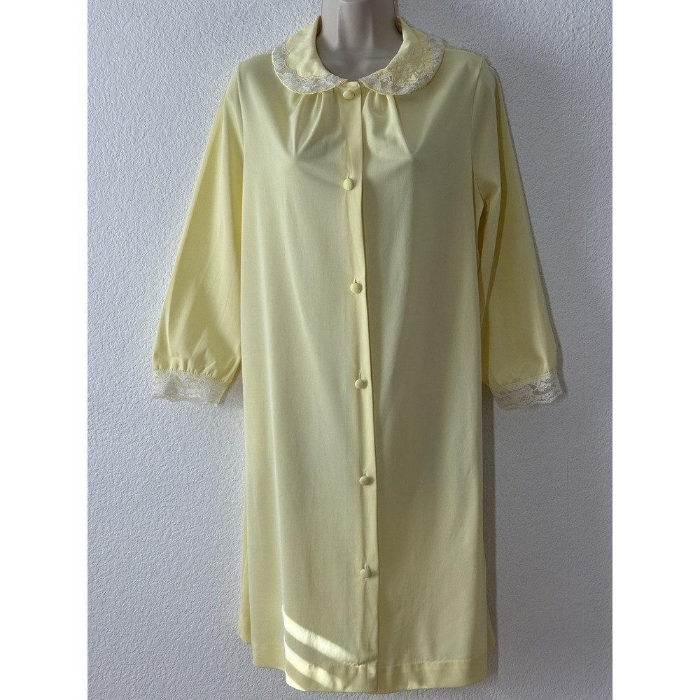 Vintage Gossard Artemis Yellow Nylon Robe‎ Lace Trim Pocket House Coat Medium